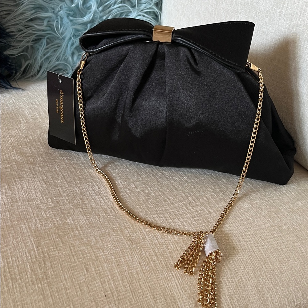Chic Black Satin Clutch with Gold Chain and Bow Clasp